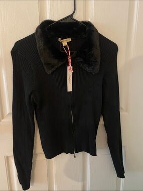 Black Ribbed Zip-Front Sweater with Faux Fur Collar